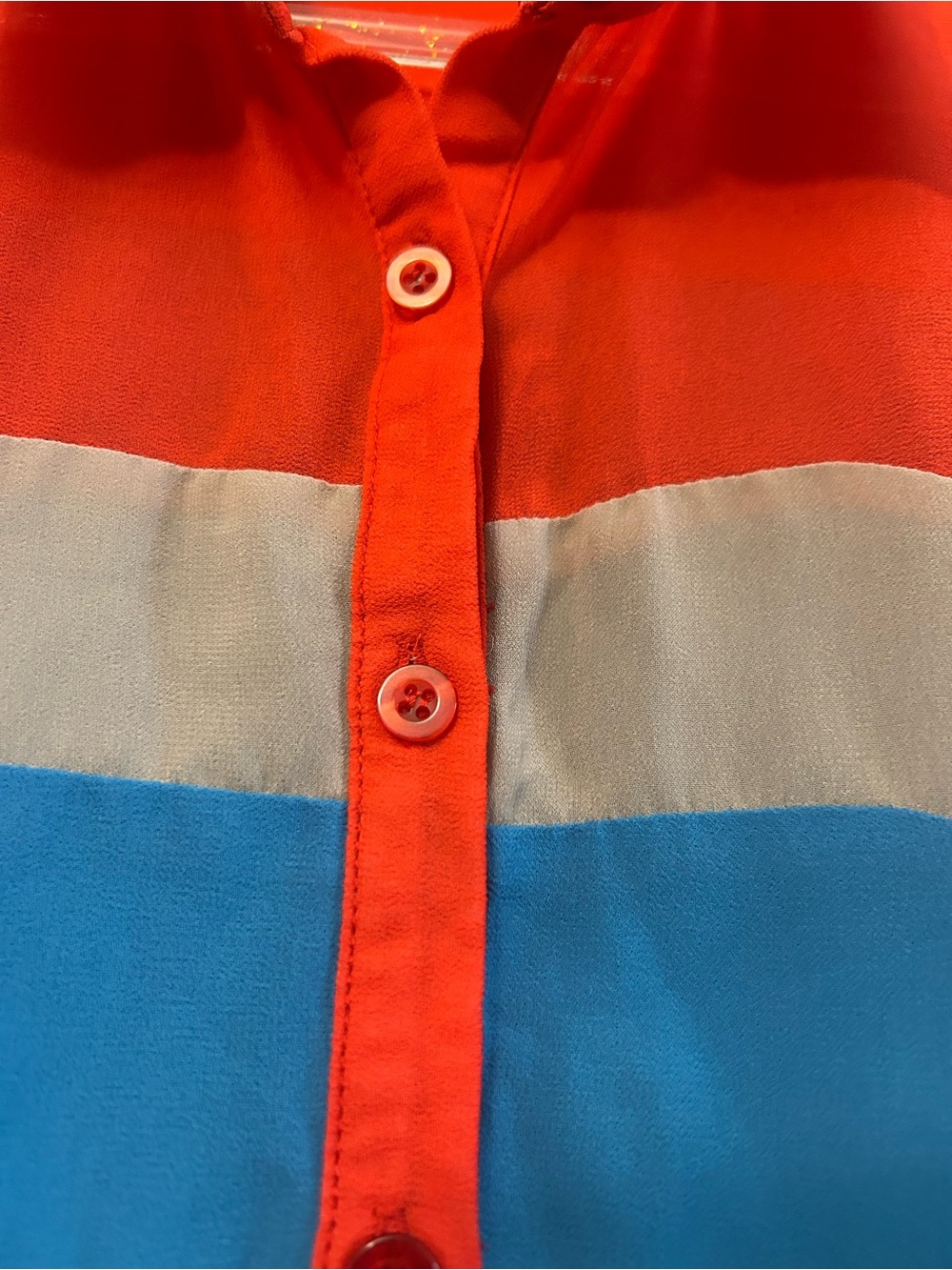 Jealous tomato Sheer Colorblock Button-Up Blouse Red Blue Gray Retro Office Top - Picture 11 of 15